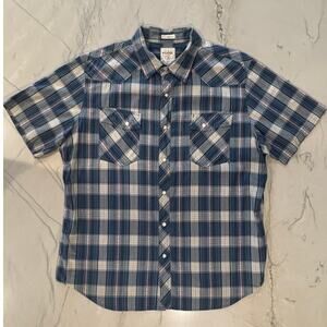 Mens' Fossil Red White & Blue Short Sleeve Western Plaid Button Up Shirt Size XL